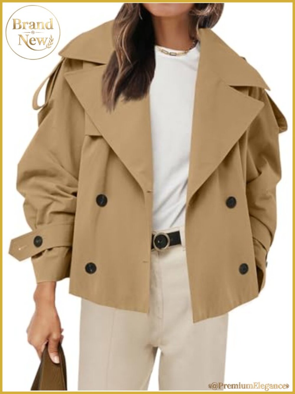 Cropped Double Breasted Trench Coat with Belt - Long Sleeve Windbreaker